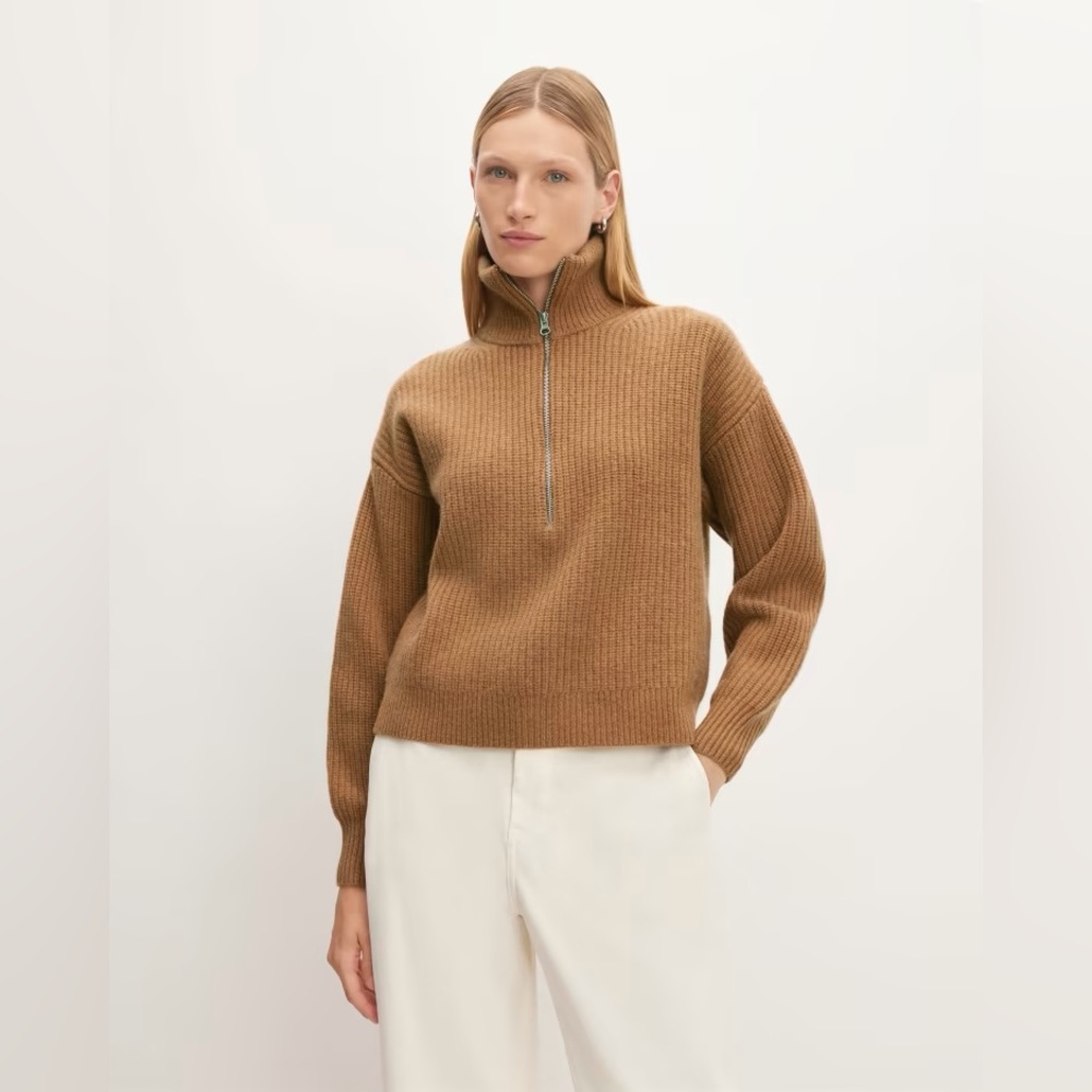 Everlane The Felted Merino Half-Zip Sweater in Deep Camel Sz Small